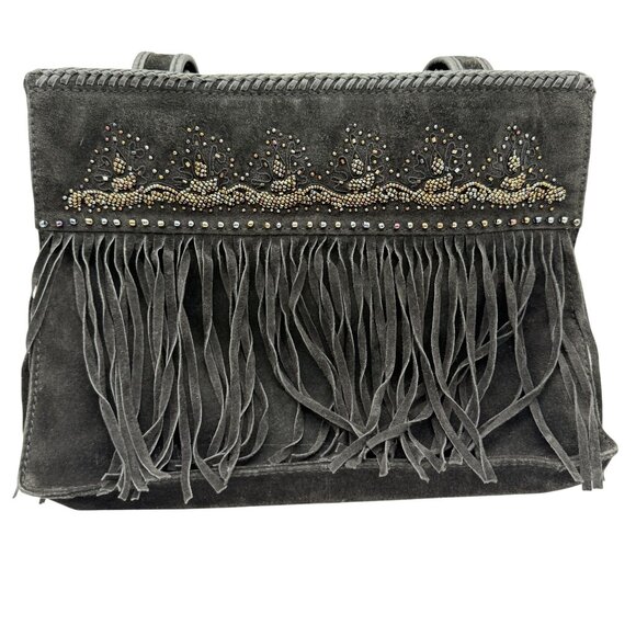 Cripple Creek Fringe Leather Shoulder Bag Black Beaded Studded Double Handles - Picture 1 of 15